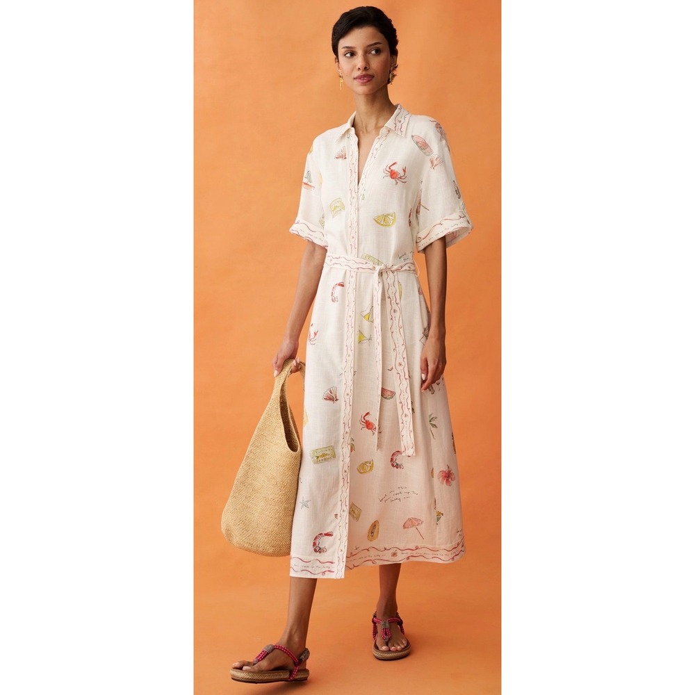 Few Moda Anaya Women Ivory Linen Beach Print Maxi Shirt Dress Short Sleeve S